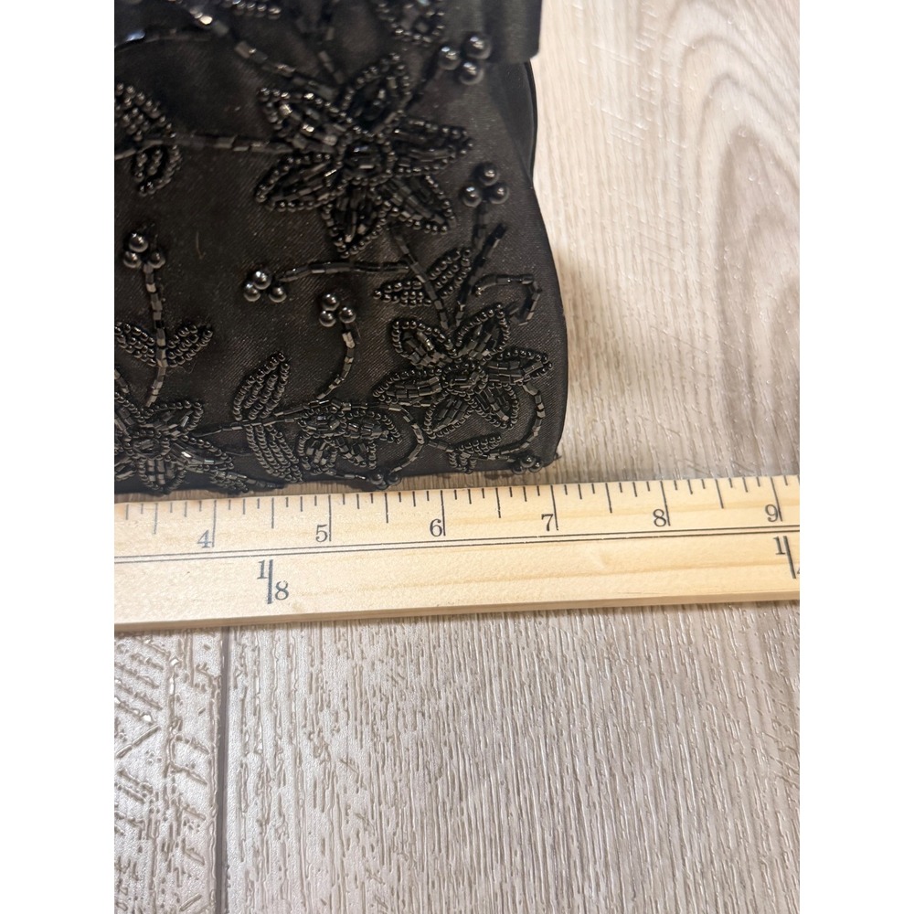 Vintage Black Satin Beaded Floral Evening Bag Handbag Magnetic Snap Closure - Picture 9 of 9